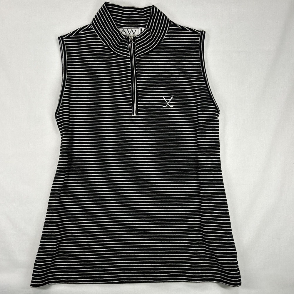 Aw Golf VTG 90s Woman's Sleeveless Quarter-Zip Athletic Shirt PXL Striped B&W